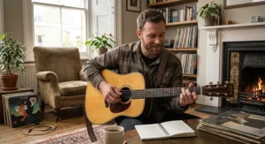 A musician enjoying a home practice session while strumming a dreadnought guitar for vocal accompaniment.