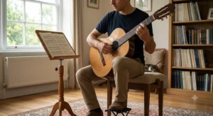 Illustration of a beginner practising classical guitar in a British home living room.