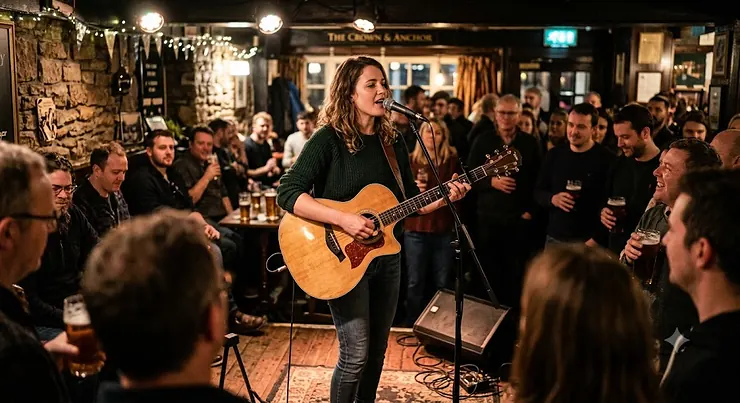 Musician playing an acoustic guitar for live performance on stage at a crowded British pub