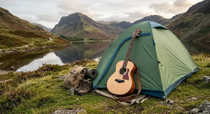 Acoustic travel guitar leaning against a tent while camping in the Lake District. best travel guitar