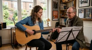 A beginner playing a left-handed acoustic guitar during a music lesson.