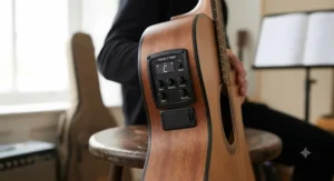 Close-up of a beginner electro acoustic guitar featuring a built-in tuner and preamp controls.