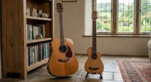 Size comparison between a standard acoustic guitar and a compact travel guitar with full scale length