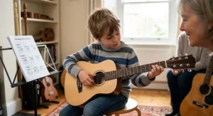 Young beginner practising chord shapes on a 3/4 scale mini acoustic guitar during a music lesson.