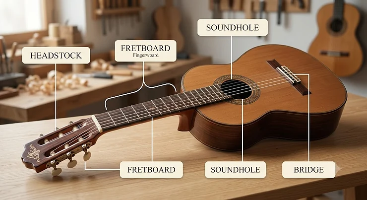 Anatomy diagram of a classical guitar highlighting the headstock, fretboard, soundhole, and bridge for beginner players. best classical guitar