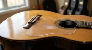 Close-up of a clear golpeador tap plate installed on a classical guitar for playing flamenco technique.