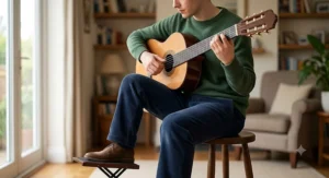 Illustration of proper classical guitar sitting posture using a footstool to elevate the left leg.