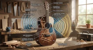 Illustration showing soundhole placement and acoustic projection on a compact travel guitar