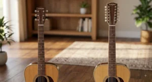 Side-by-side comparison highlighting the neck width and headstock length between 6-string and 12-string acoustic guitars.