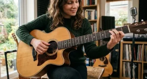 A cutaway body left-handed acoustic guitar showing easy access to upper frets.