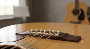 Diagram illustration of the wooden bridge, bone saddle, and bridge pins on a dreadnought acoustic guitar.