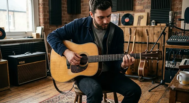A guitarist playing a dreadnought acoustic guitar using fingerpicking technique in a British music studio.