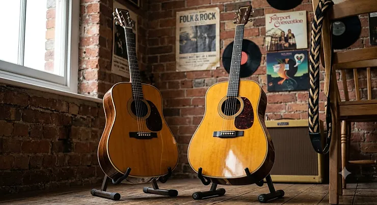 A classic dreadnought acoustic guitar designed for strumming dynamic rhythm in folk and rock music.