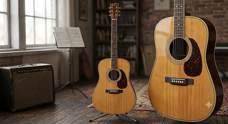 Illustration of a classic dreadnought acoustic guitar showing its distinctive large body, soundhole, and neck.