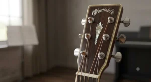 Illustration of a dreadnought acoustic guitar headstock fitted with chrome machine heads and steel strings.