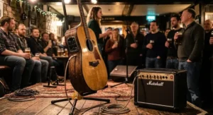 Dreadnought electro acoustic guitar plugged into an amplifier for live stage performance