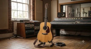A premium dreadnought guitar for strumming displayed on a stand inside a British recording studio.