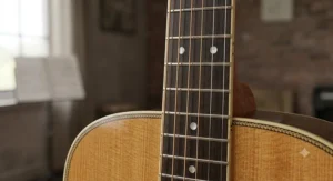 Close-up illustration of a dreadnought acoustic guitar neck with a rosewood fretboard and position markers.