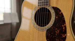 Illustration highlighting the soundhole rosette and tortoiseshell scratchplate on a dreadnought acoustic guitar.