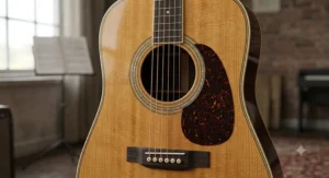 Detailed illustration of a dreadnought acoustic guitar with a solid spruce top and natural wood grain finish.