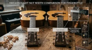 Diagram comparing nut widths on a dreadnought guitar for comfortable fingerpicking and fingerstyle play.