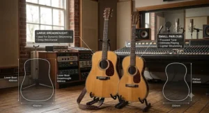 Body shape diagram comparing a large dreadnought for strumming against a smaller parlour acoustic guitar.