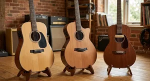 Comparison of electro acoustic guitar body shapes including dreadnought, grand auditorium, and parlour styles.