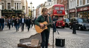 Street performer playing an electro acoustic guitar during an open-air gig in London.