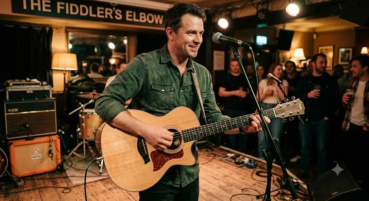 A musician playing an electro acoustic guitar live on stage at a local venue in the UK.