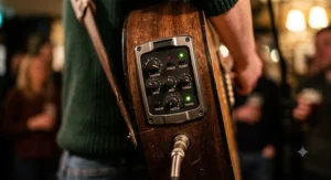 Close-up of an electro acoustic guitar pickup control panel used for live performance sound adjustments