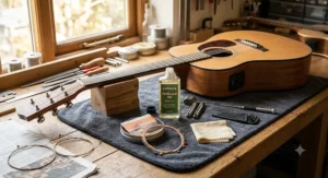 An electro acoustic guitar laid out with a maintenance kit including fretboard oil and spare steel strings.