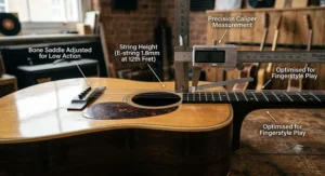 Close-up of low string action set-up on a dreadnought guitar optimised for fingerstyle playability.