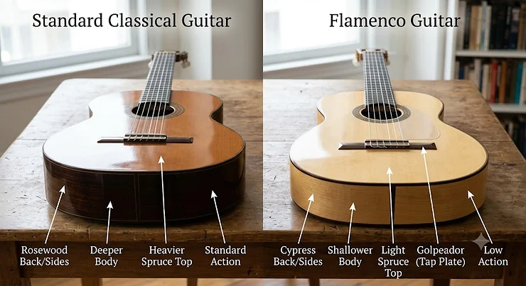 Diagram highlighting key differences between a standard classical guitar and a classical guitar for flamenco performance.