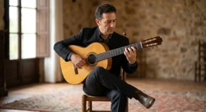 Guitarist showing proper upright posture and hand positioning when using a classical guitar for flamenco.