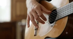 Musician demonstrating the traditional rasgueado right-hand finger technique on a classical guitar for flamenco styles.