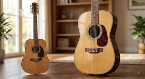 Front view of a full-size dreadnought 12-string acoustic guitar featuring a spruce top and rosewood body.