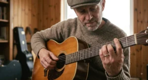 Musician playing open chords on the Rosewood fretboard of a standard 6-string acoustic guitar.