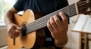 Guide showing correct left-hand thumb position behind the neck while fretting notes on a classical guitar.