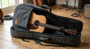 A left-handed acoustic guitar packed safely inside an open padded gig bag.