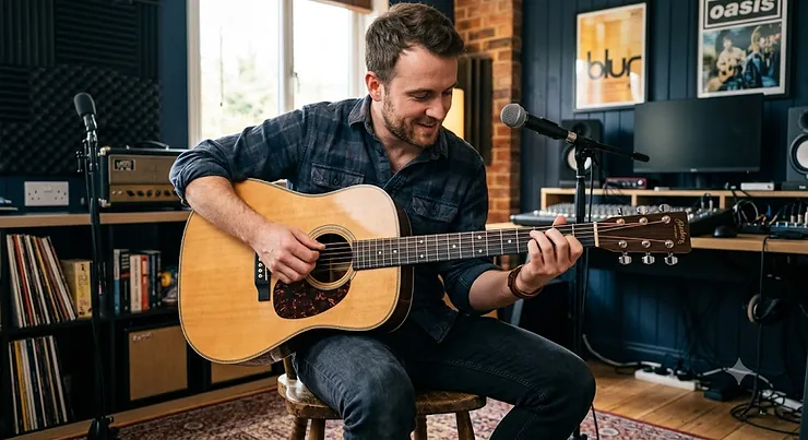 A musician strumming a left-handed acoustic guitar in a cosy home studio.