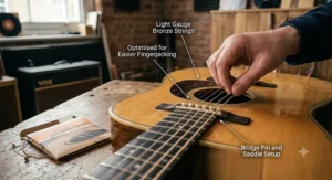 Light gauge phosphor bronze strings fitted to a dreadnought acoustic guitar for easier fingerpicking.