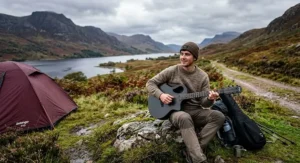 Weatherproof carbon fibre travel guitar suitable for outdoor British staycations