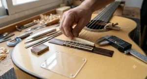 Lowering the bridge saddle to achieve fast playability on a classical guitar for flamenco strumming.