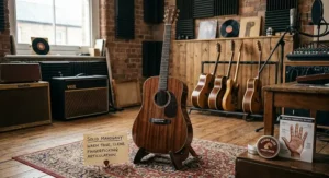 Solid mahogany dreadnought acoustic guitar highlighted for warm tone and clear fingerpicking articulation.