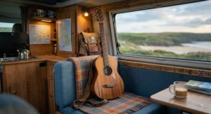 Mini three quarter size acoustic travel guitar resting inside a campervan