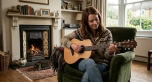 Musician sitting in an armchair in a cosy British living room strumming a mini acoustic guitar.