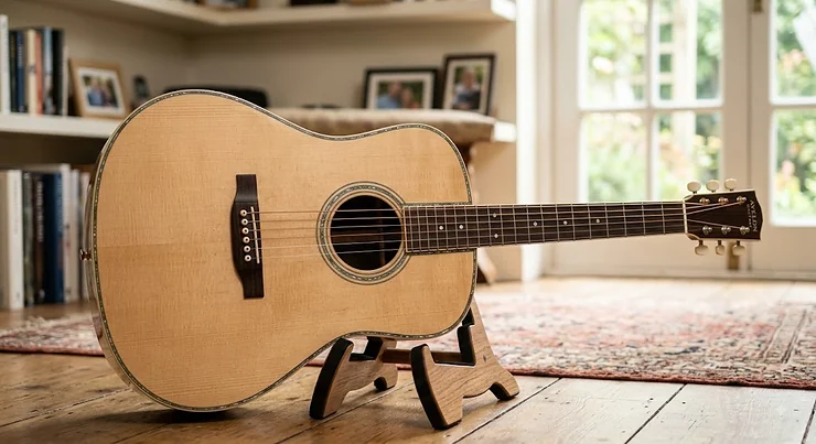 Natural finish mini acoustic guitar with a solid spruce top resting on a wooden stand.