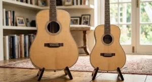 Side-by-side comparison showing the body size difference between a mini acoustic guitar and a full-size dreadnought.