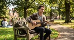 Guitarist performing acoustic music outdoors in a UK park with a portable mini acoustic guitar.