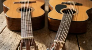 Visual comparison showing soft nylon strings on a classical guitar next to steel acoustic guitar strings.
